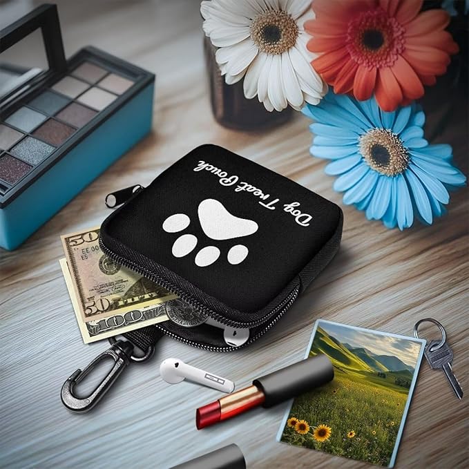 KEIAHUAN Dog Paw Print Dog Treat Pouch for Pet Walking and Training with Clip, Small Training Bag Portable Dogs Treat Bag Pet Snack Bags for Puppy, Black