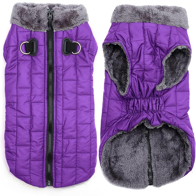 Warm Fleece Dog Coats with Durable Harness Buitl in D-Ring,Waterproof Puppy Jacket for Small Dogs,Dog Vest for Cold Winter,Purple S