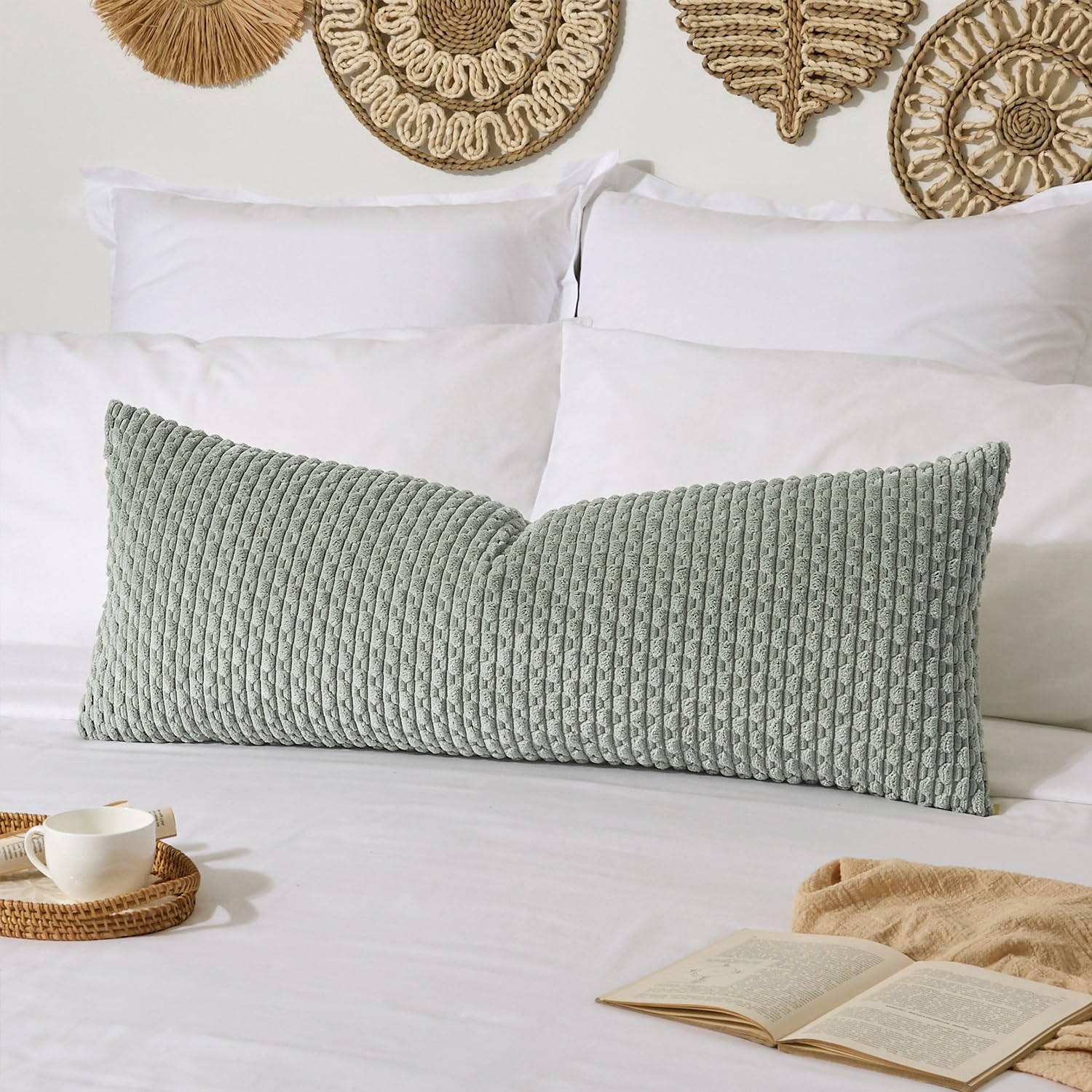 Kevin Textile 20x54 Inch Long Body Lumbar 1 Pack Boho Decorative Throw Pillow Cover Soft Striped Corduroy Rectangle Cushion Case Farmhouse Accent for Living Room Couch Sofa Bed, Greyish Green