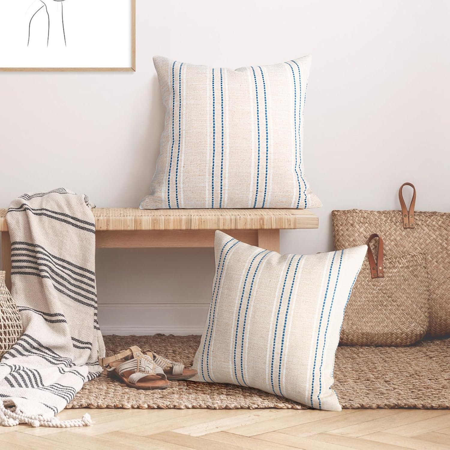 AELS 22x22 Decorative Farmhouse Linen Throw Pillow Covers, Boho Textured Pillow Case, Set of 2, Beige with White & Navy Blue Stitch Yarn Dyed Stripe Cushion Cover for Couch Living Room (Cover ONLY)