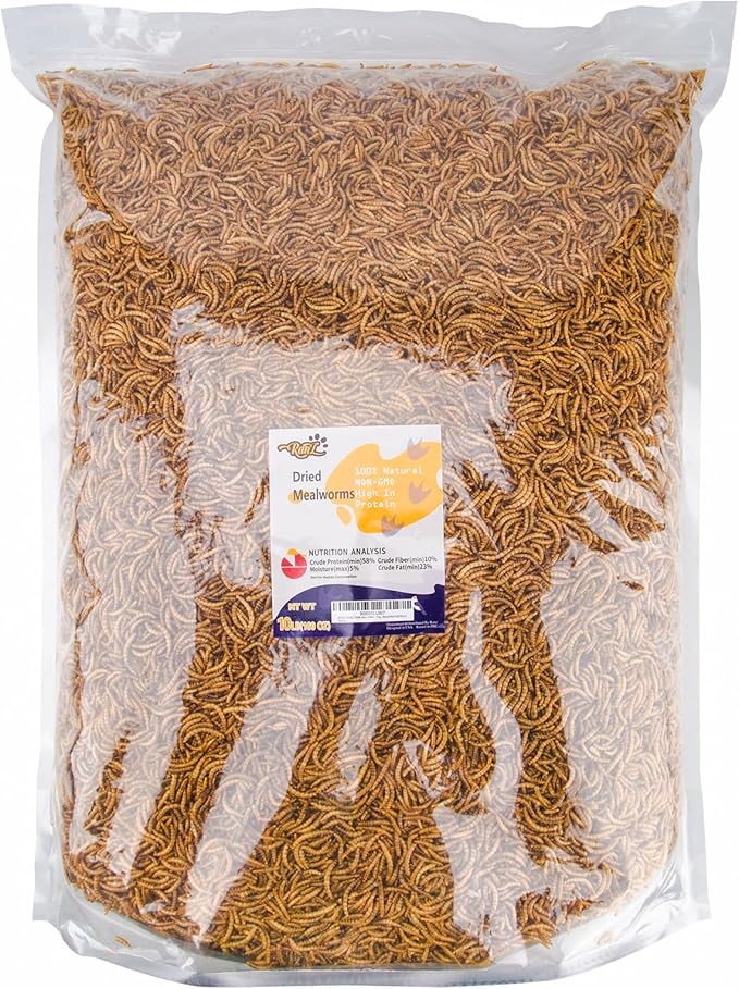 RANZ 10LBS Non-GMO Dried Mealworms for Chickens, High Protein Meal Worms, Premium Chicken Feed, Perfect Bird Food and Chicken Treats, Whole Large Mealworms for Wild Birds, Ducks, Fish