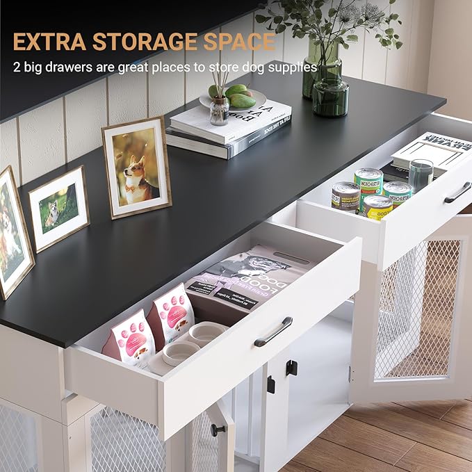 71 Inch Dog Crate Furniture for 2 Dogs，XXL Thick Wooden Double Kennel TV Stand w/Removable Divider - Heavy Duty Indoor Cage for Large Breeds (White & Black Top, 71L* 23.6W* 33.5" H)