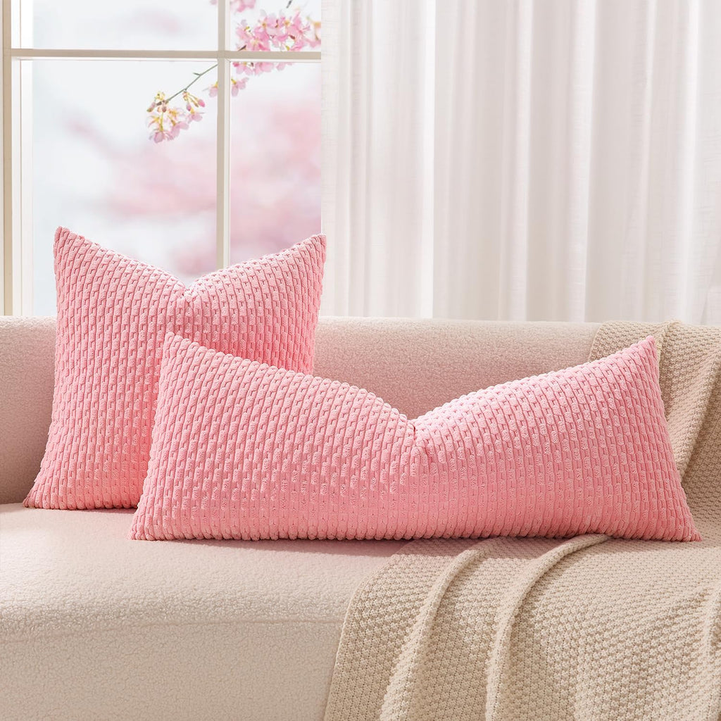 Kevin Textile 14x36 Inch Long Lumbar 1 Pack Boho Decorative Throw Pillow Cover Soft Striped Corduroy Rectangle Cushion Case Farmhouse Accent for Living Room Couch Sofa Bed, Pink