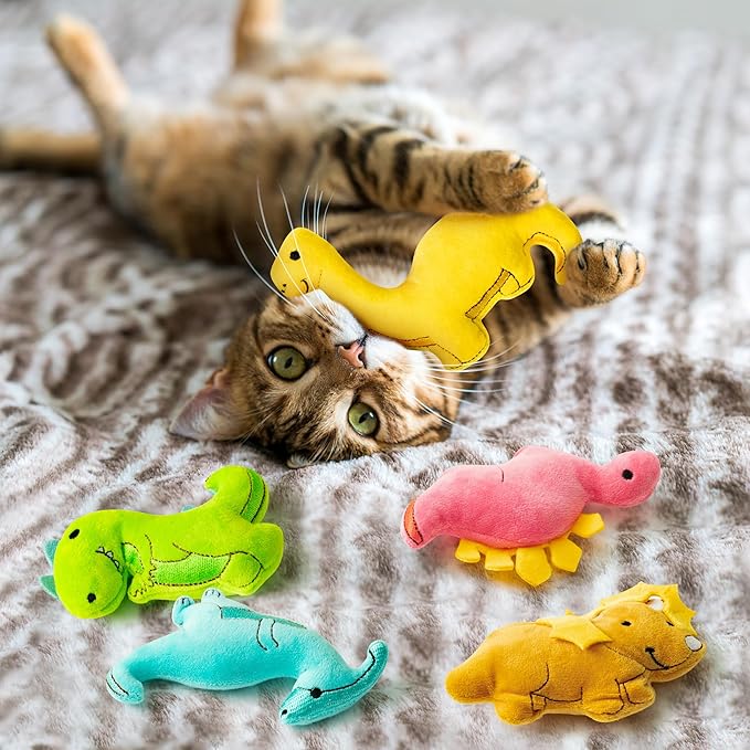MALLMALL6 5Pcs Dinosaur Catnip Toys for Cat, Indoor Cat Chew Bite Kick Catmint Pet Supplies for Kitten Lover Gifts, Interactive Pet Toy with Cute Expression