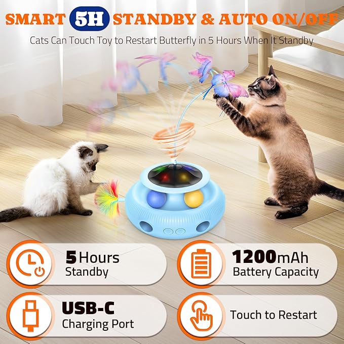 Interactive Cat Toy 3 in 1 Automatic Cat Toy for Indoor Cats, Electric Kitten Toy with Rechargeable Battery, Self Play Kitty Toys with Rotating Fluttering Butterfly,Track Ball and Ambush Feather,Blue