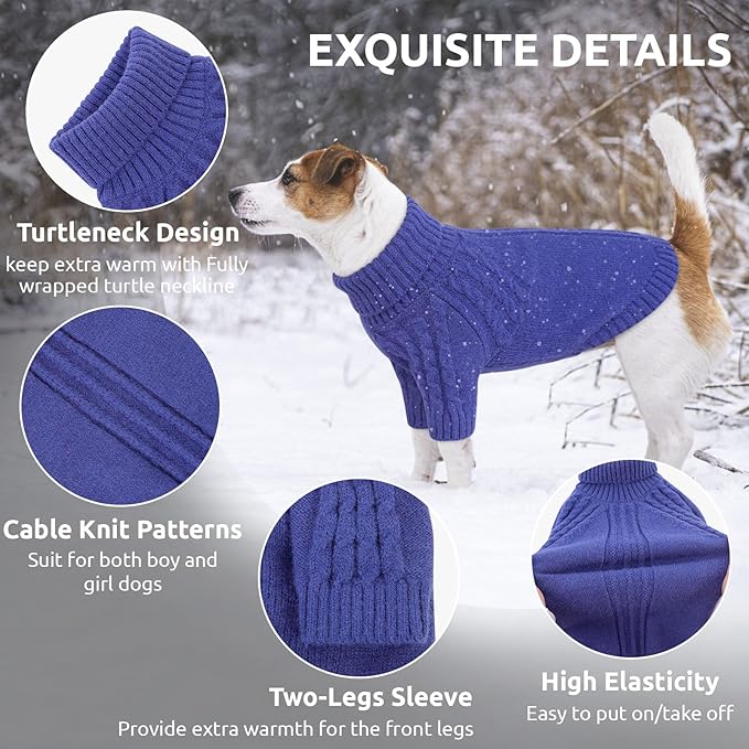 Queenmore Dog Sweater, Knit Turtleneck Long Sleeve Pet Sweater for Winter, Soft Warm Pullover with Stylish Patterns, Comfortable Cozy Dog Clothes for Small Dogs Puppy Chihuahua Yorkie (Blue,XS)
