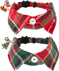 ADOGGYGO Christmas Cat Collars Breakaway with Bow Bell, 2 Pack Stylish Red Green Plaid Xmas Kitten Collar with Removable Shirt Collar, Plaid Christmas Collars for Cats Kittens