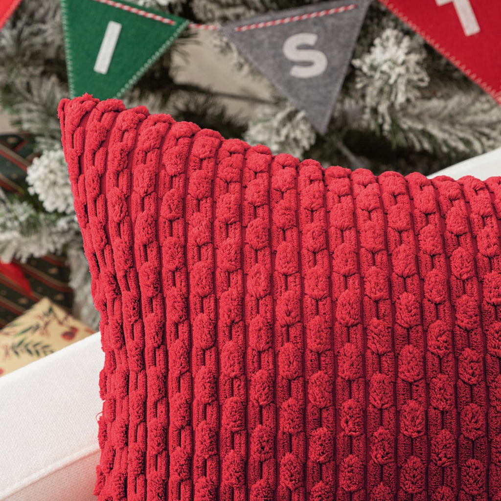 Kevin Textile 12x20 Inch Pillow Cover 1 Pack Boho Christmas Decorative Soft Striped Corduroy Lumbar Farmhouse Color Accent Rectangle Cushion Case for Living Room Couch Sofa Bed, Red