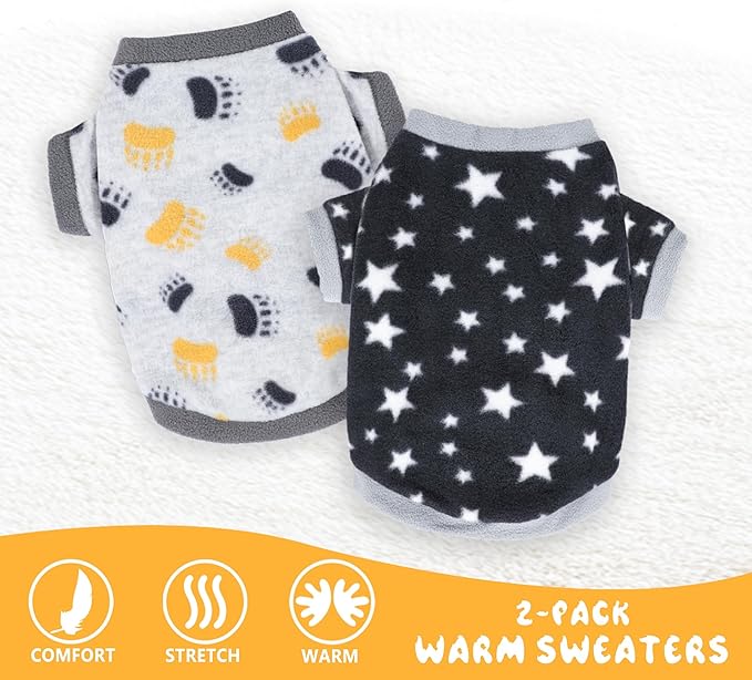 2 Pieces Dog Sweaters for Small Dogs Boy Fall Winter Fleece Dog Clothes Soft and Warm Puppy Sweater Doggie Coat Pet Cloting (Dog Paws, Stars, X-Small)