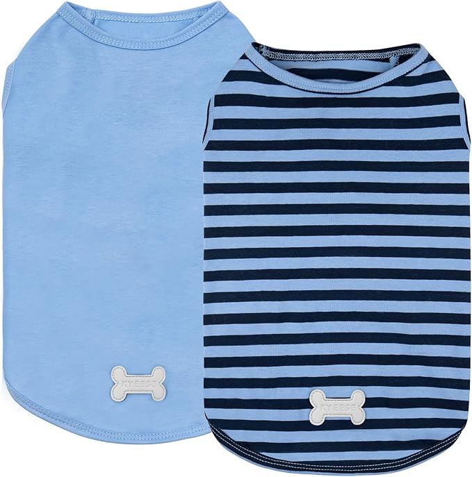 KYEESE 2Pack Dog Shirts Striped T Shirt Cotton Tank Top Soft Tee for Small Dogs Lightweight Clothes Sleeveless Dog Vest, Medium,Dark Blue+Striped