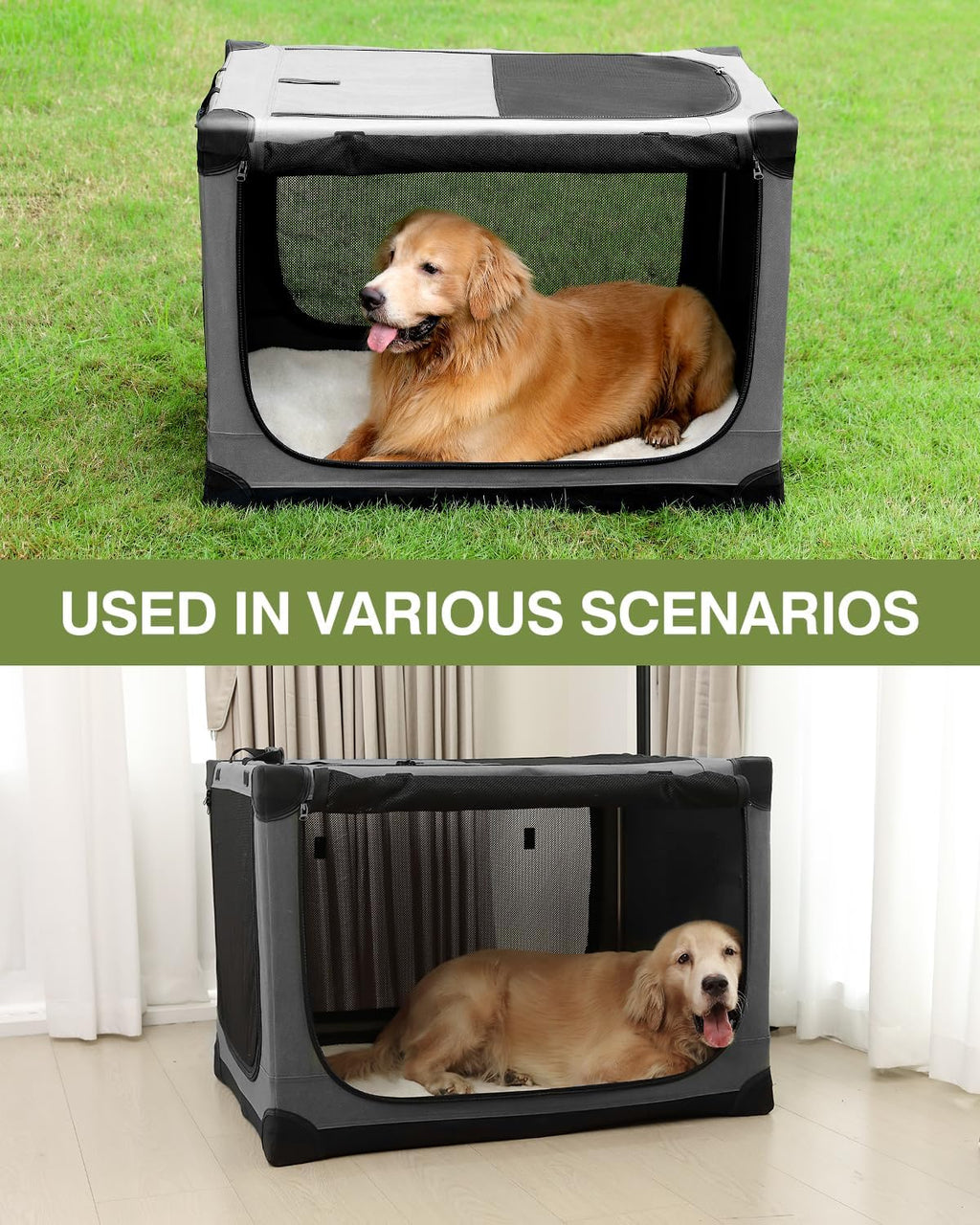 24-Inch Collapsible Travel Dog Crate, Portable 4-Door Soft Kennel for Medium to Large Dogs, Durable Mesh Windows, Indoor/Outdoor Use, Foldable, with Storage Bag (Grey)