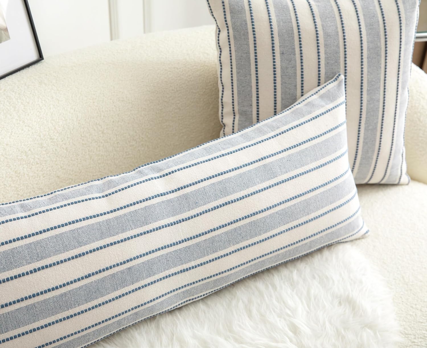 Decorative Boho Lumbar Pillow Covers, Modern Farmhouse Couch Pillowcase, 14 x 36 Long Accent Body Throw Pillow Covers, Sofa Bed Living Room Decor Cushion Case, Blue and Beige, Pack of 1