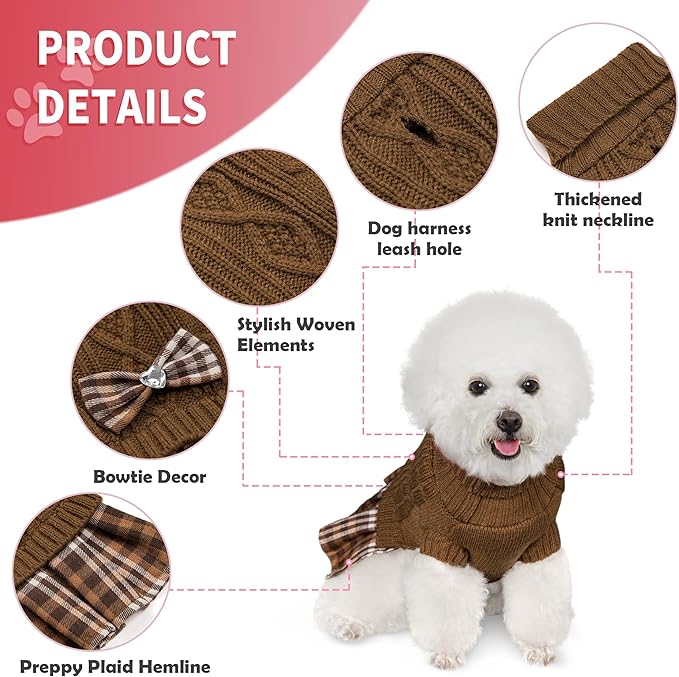 WOYYHO Girl Dog Sweater Dress with Bowtie Turtleneck Small Dogs Sweater with Leash Hole, Knitted Small Dog Sweaters Dress Puppy Winter Clothes for Yorkies Chihuahua (Large, Brown)
