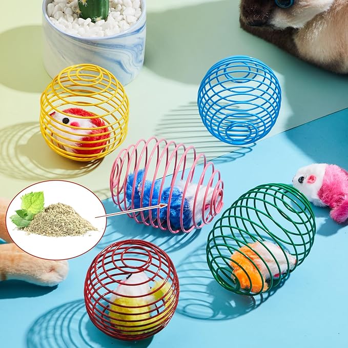 Jecery 5 Pcs Cat Spring Balls Stretchable Springs Toys Rolling Balls Colorful Playful Coils Interactive Spring Action Toy Caged Rats for Kitten Cat Pet Supplies Indoor (Catnip Rats,Bright Color)