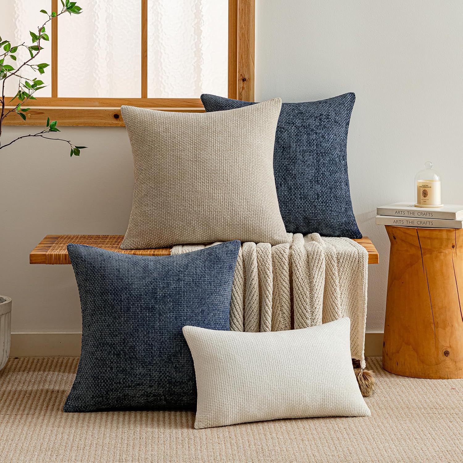 a moment Dark Blue Chenille Throw Pillow Covers 16x16 Inch Pack of 2 Modern Decorative Throw Pillow Covers Farmhouse Cross Covers Home Decor for Sofa Bedroom Living Room