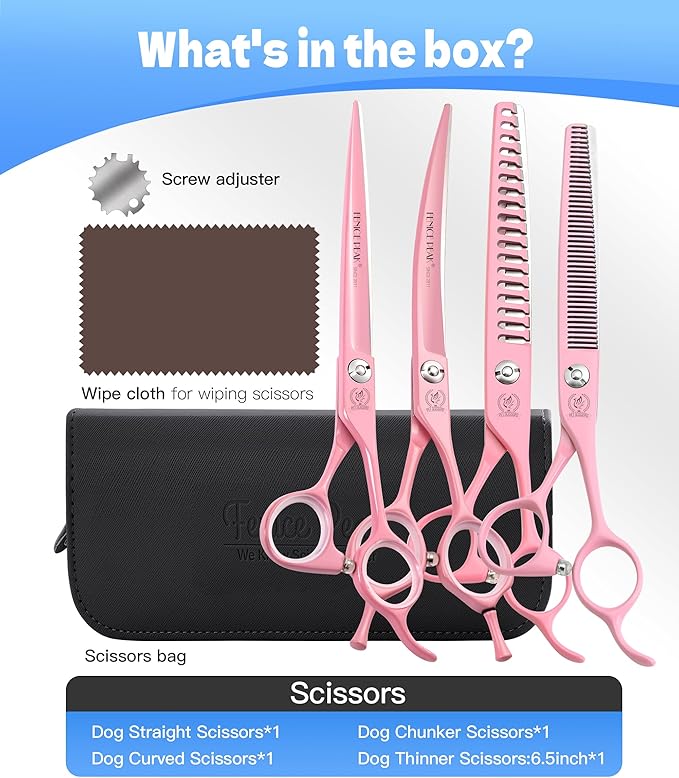 Fenice Peak 7" Professional Dog Grooming Scissors Set, Japanese 440C Stainless Steel Straight Thinning Curved Chunker Shears for Pet Grooming, Trimming Face, Paws, Pink