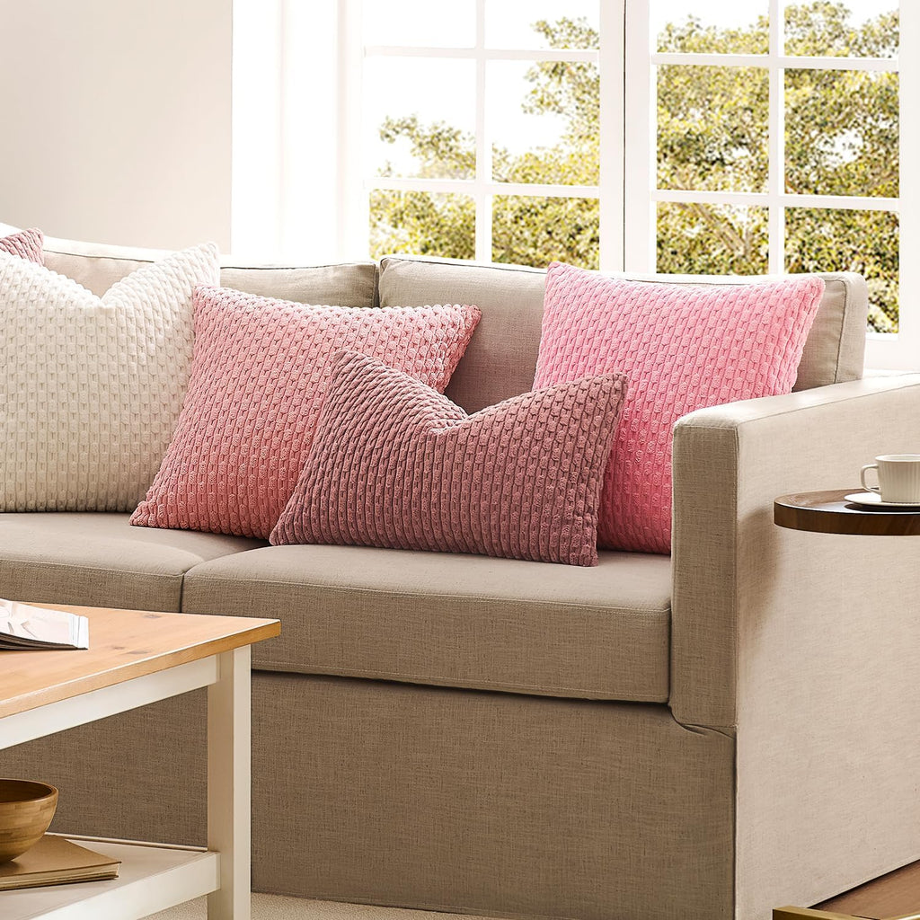 Kevin Textile Valentines Day 12x24 Inch Pillow Cover 1 Pack Boho Decorative Soft Striped Corduroy Lumbar Farmhouse Accent Rectangle Cushion Case for Living Room Couch Sofa Bed, Pink