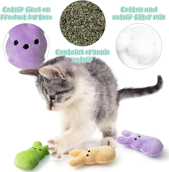 MALLMALL6 5Pcs Easter Bunny Catnip Toys Gift for Cat, Indoor Cats Chew Bite Kick Colorful Rabbit Peeps Catmint Pet Supplies for Kitten Lover Gifts, Cute Interactive Kittens Toy for Pet Presents