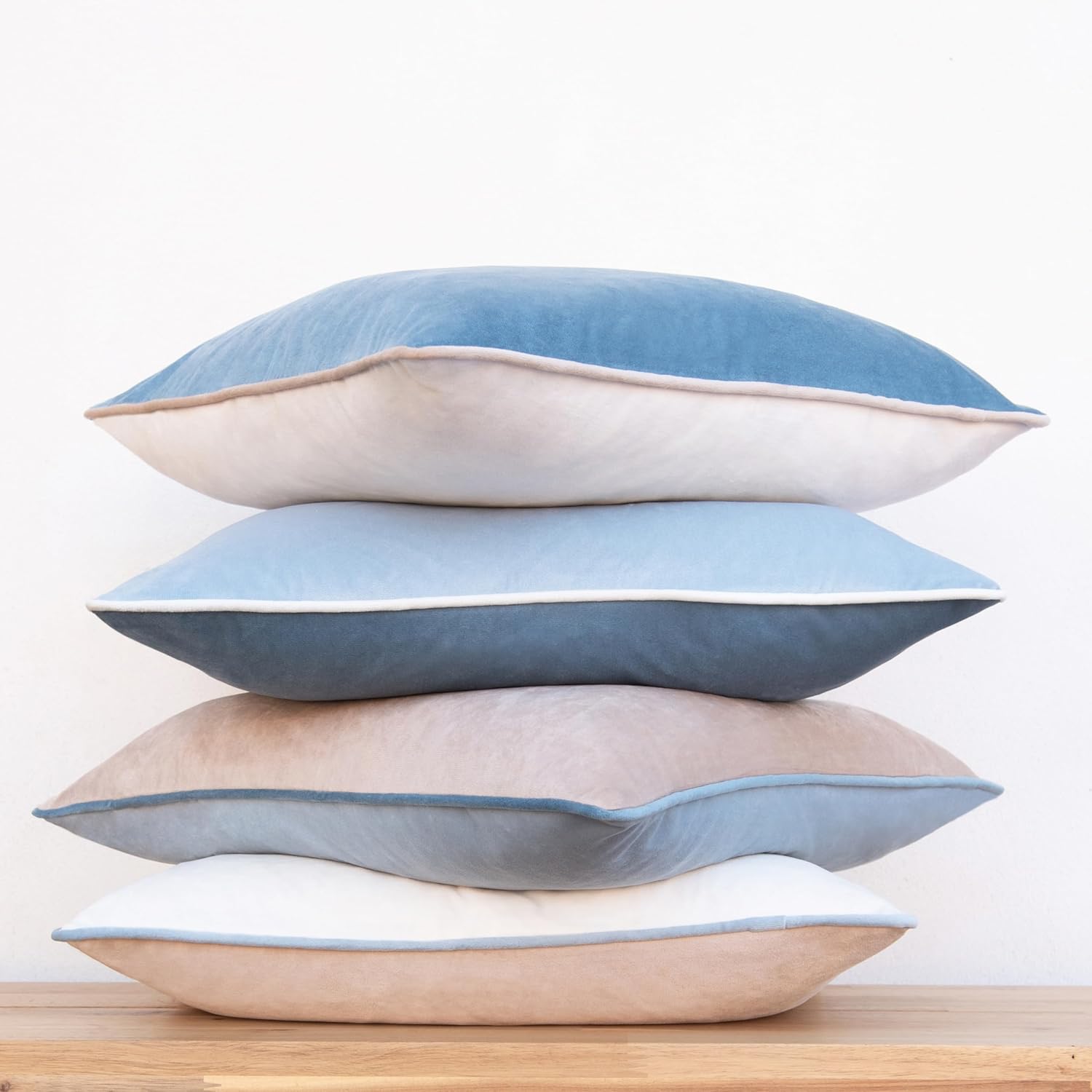 MONDAY MOOSE Decorative Throw Pillow Covers Cushion Cases, Set of 4 Soft Velvet Modern Double-Sided Designs, Mix and Match for Home Decor, Pillow Inserts Not Included (22x22 inch, Beige/Light Blue)