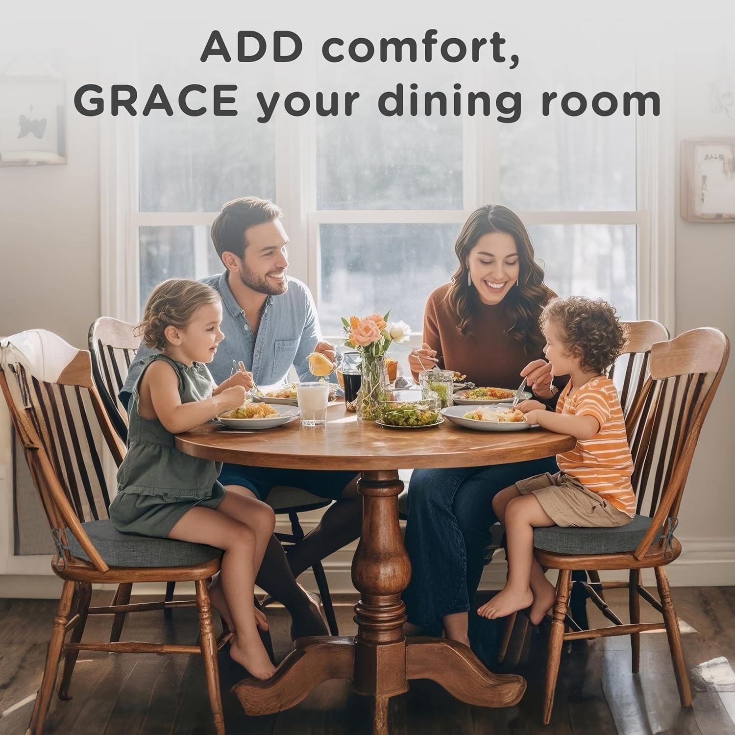 AddGrace Chair Cushions for Dining Chairs Set of 6 Windsor Kitchen Chair Cushions with Removable Textured Cover and Non Slip Bottom Indoor Chair Pads with Ties and Foam (16.5x15.5 Inches Darkgrey)