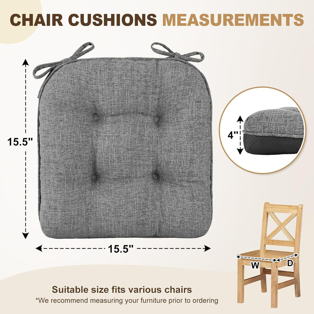 downluxe Indoor Chair Cushions for Dining Chairs, Tufted Overstuffed Textured Foam Kitchen Chair Pads with Ties and Non-Slip Backing, 15.5" x 15.5" x 4", Dark Grey, 4 Pack