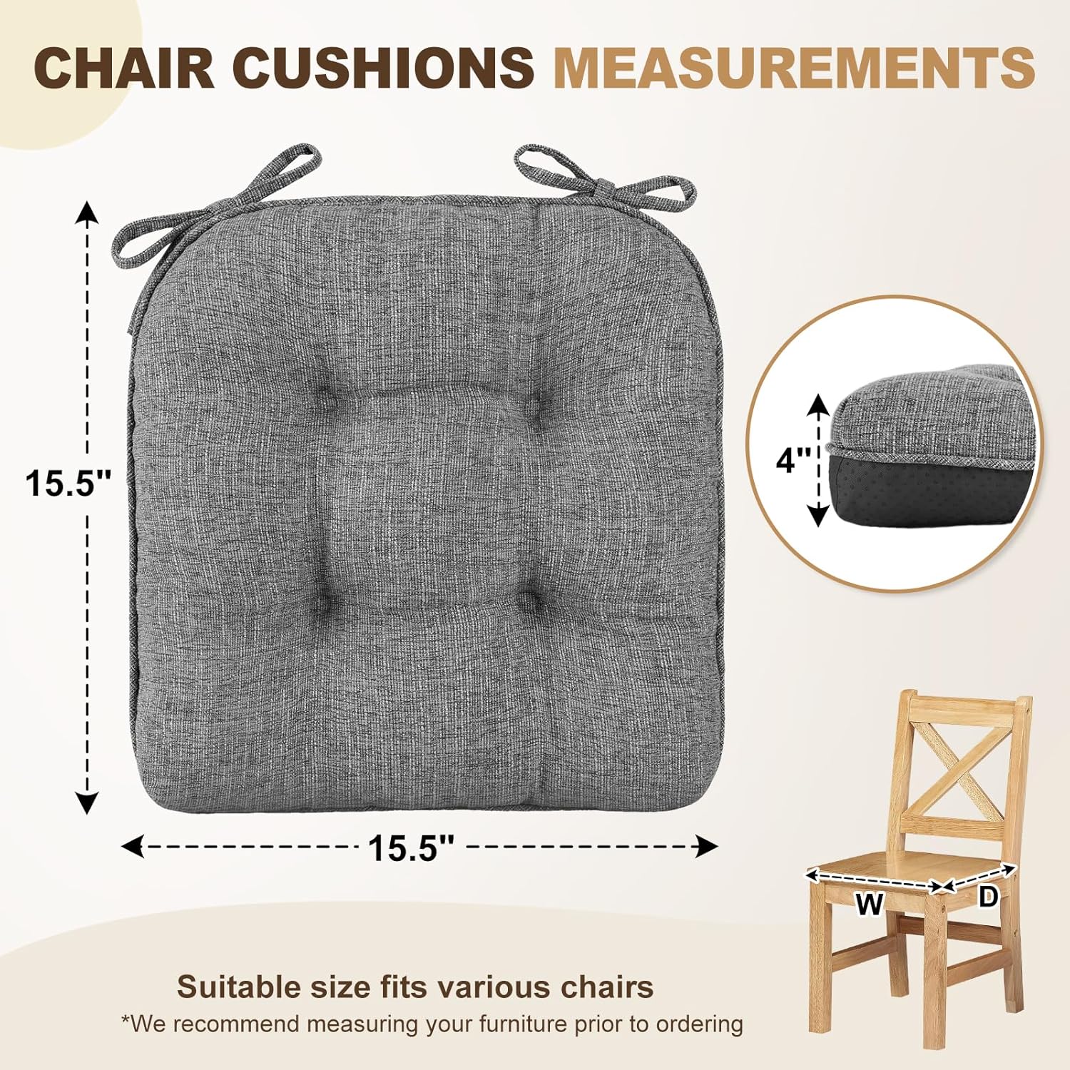 downluxe Indoor Chair Cushions for Dining Chairs, Tufted Overstuffed Textured Foam Kitchen Chair Pads with Ties and Non-Slip Backing, 15.5" x 15.5" x 4", Dark Grey, 6 Pack