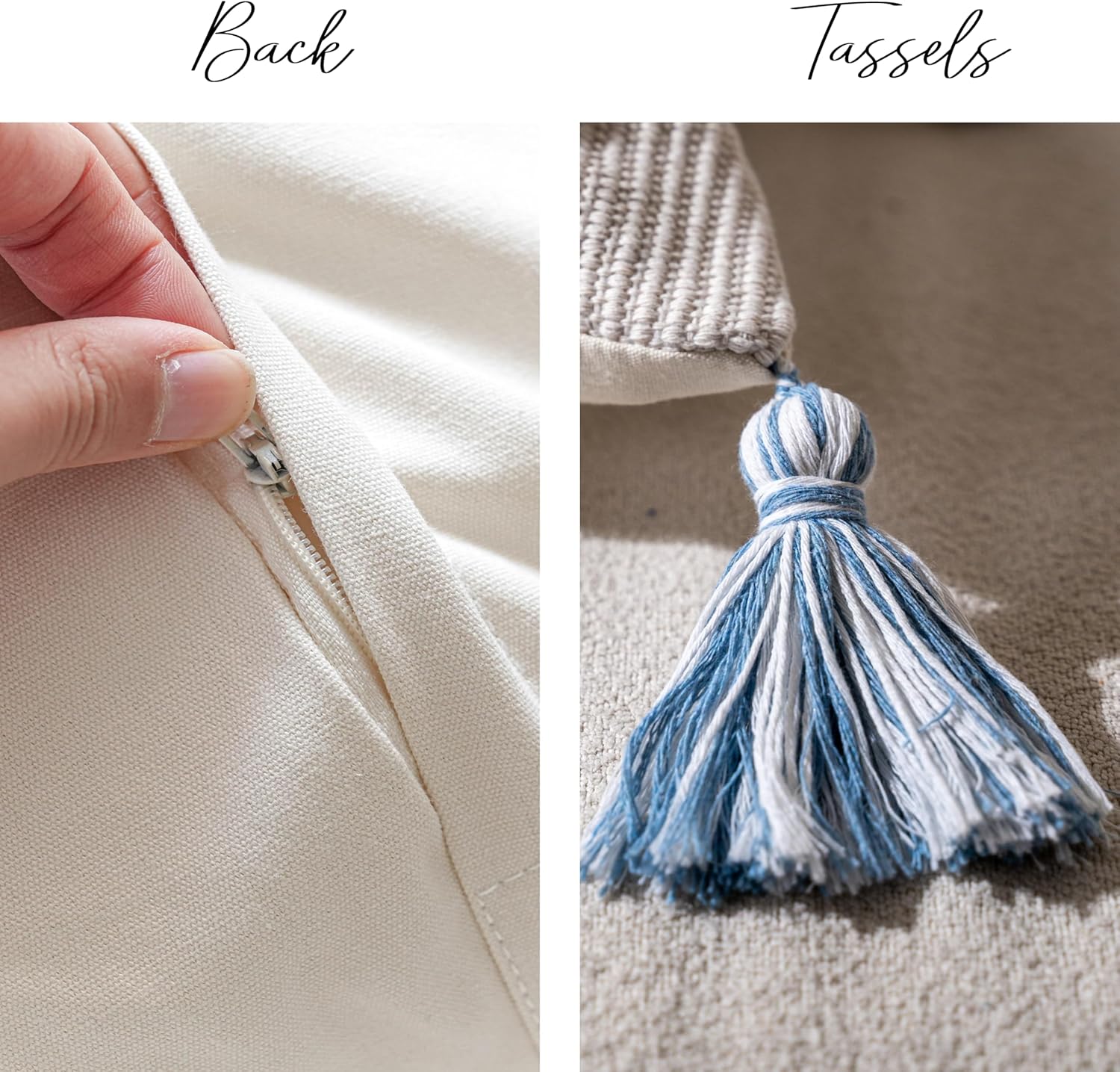 BlissBlush Blue Coastal Decorative Throw Pillow Cover 18X18 Combo Set of 2 Square Boho Accent Pillowcase Tassels Farmhouse Cushion for Couch Sofa Bedroom Living Room Home Décor Cover ONLY