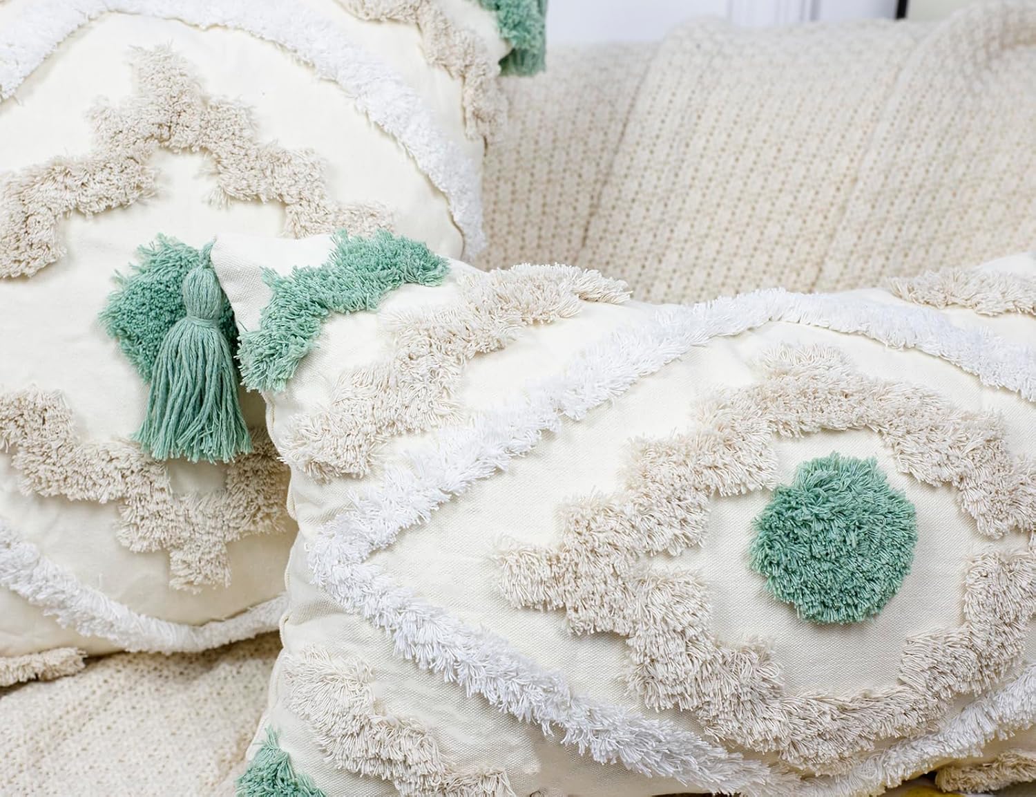 Decorative Farmhouse Throw Pillow Covers 20 x 20,Modern Neutral Couch Pillow Cover,Cotton Checked Pattern Boho Square Pillow Case Cover for Couch Bed Sofa Bedroom,Green&Beige&White