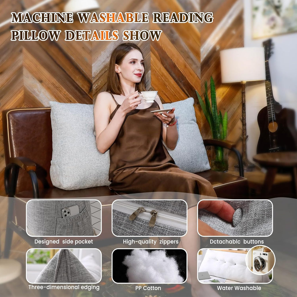 Headboard Pillow Twin XL, Triangular Wedge Backrest with Removable Head Roll & Side Pocket, 100% Linen Reading Pillow for Bed, Couch, Floor - Ergonomic Support for Neck, Back,Grey