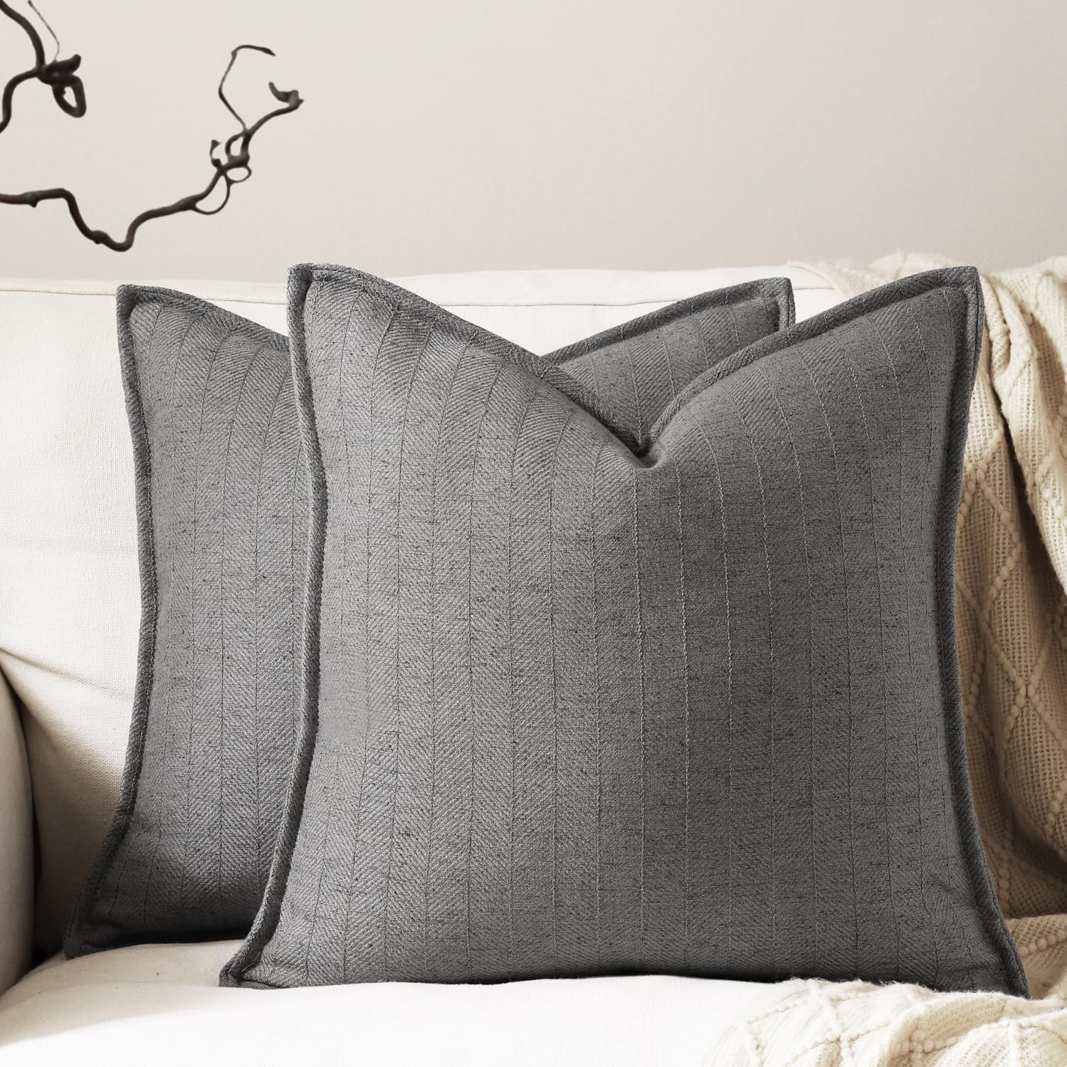 26x26 Linen Euro Sham Pillow Covers Grey Pack of 2 Farmhouse Boho Neutral Accents Striped Textured Square Decorative Throw Pillow Cases for Living Room Couch Bed Home Decor