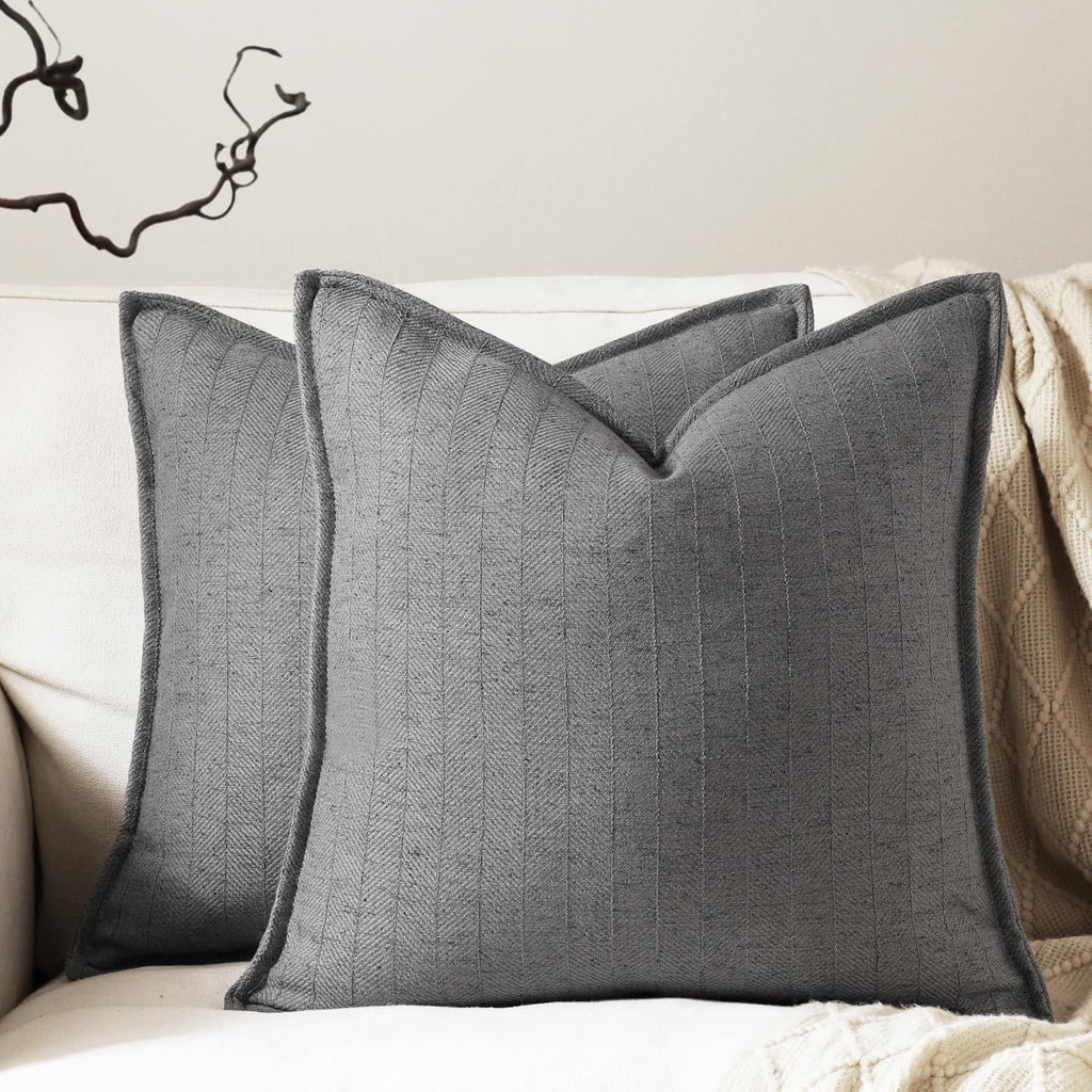 18x18 Linen Pillow Covers Grey Pack of 2 Farmhouse Boho Neutral Accents Striped Textured Square Decorative Throw Pillow Cases for Living Room Couch Bed Home Decor