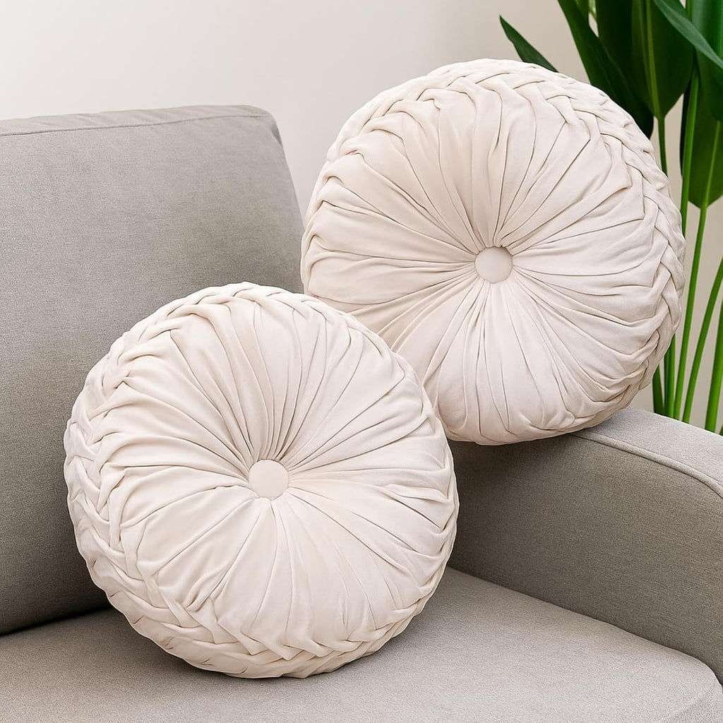 2 Pcs Round Throw Pillows 15 Inch Decorative Velvet Pleated Pumpkin Floor Boho Pillows for Living Room Couch Chair Bed Sofa (Ivory)
