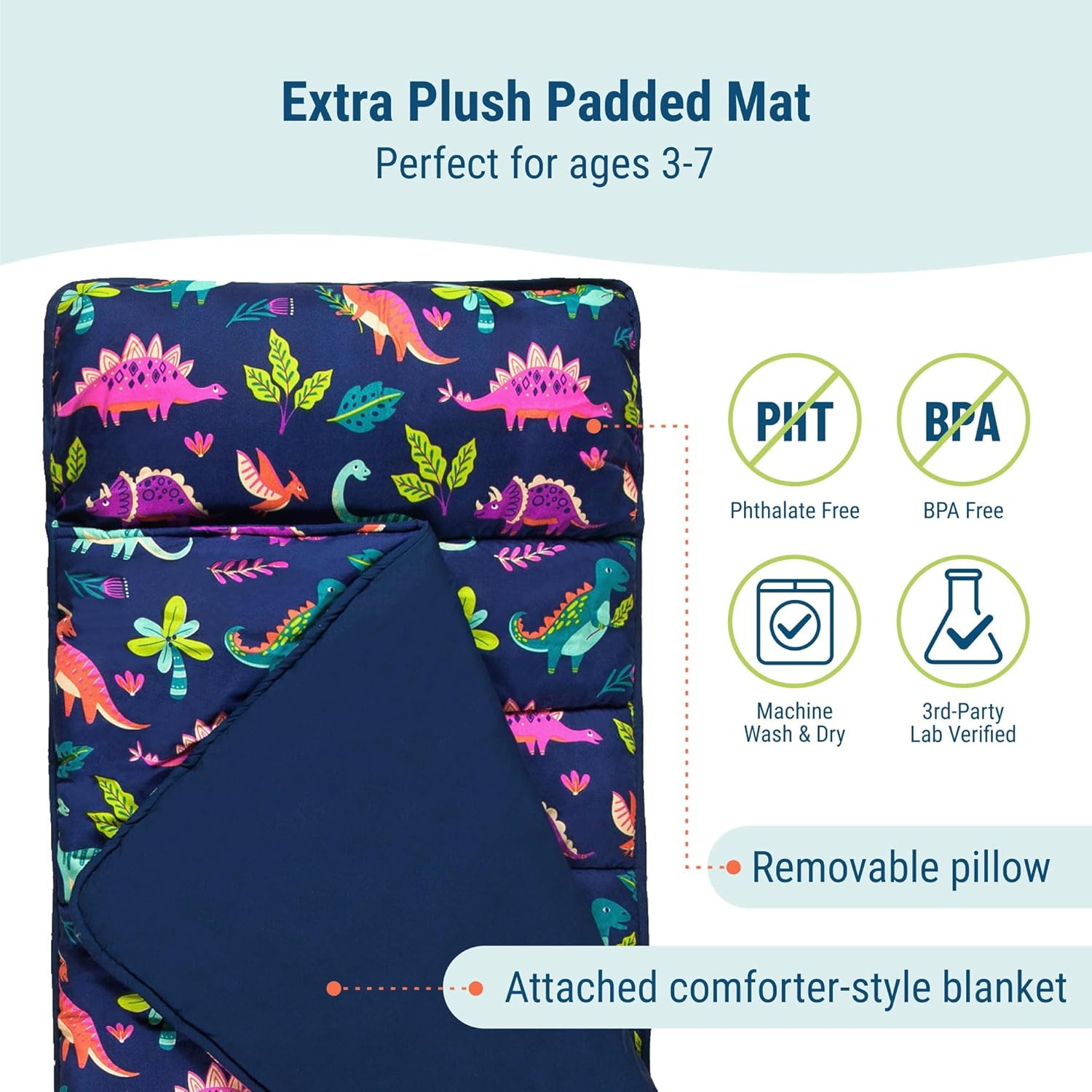 Wildkin Kids Microfiber Nap Mat – Soft Sleep Mat with Pillow, Ideal for School & Travel - Darling Dinosaurs