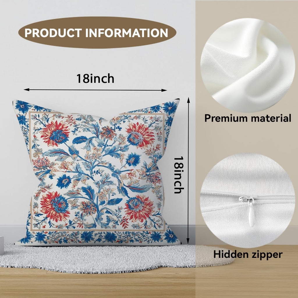 Bohemian Pillow Covers | Vintage Floral & Carpet Design | Double Sided Blue White Decorative Pillowcases for Couch, Bed | Indoor Outdoor Boho Home Decor (Blue&Red, 18x18inches)