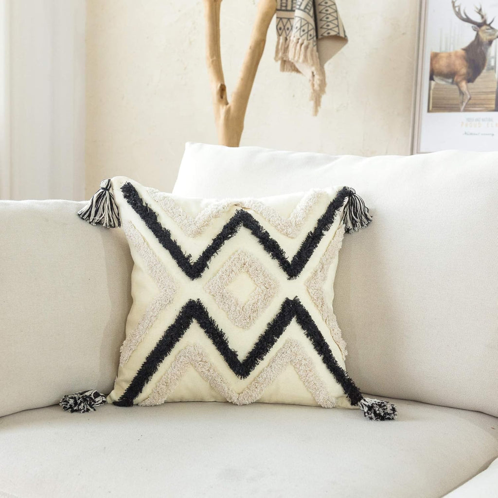 Woven Tufted Boho Throw Pillow Cover, Modern Decorative Geometric Chevron Striped Cushion with Tassels, Farmhouse Tribal Pillowcases for Couch Sofa Bedroom Living Room, 18 x 18 Inches, Black, Ivory