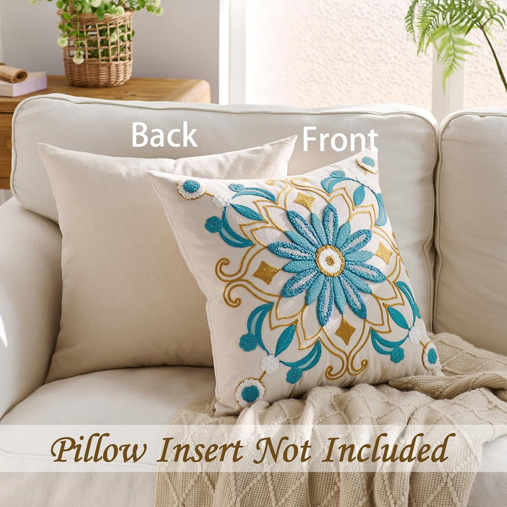 Embroidered Throw Pillow Cover 20x20 Classic Boho Floral Pattern Pillows Cover Outdoor Decorative Pillowcase,Durable Cozy Textured Cushion Case for Sofa Couch Bed Living Room,Teal
