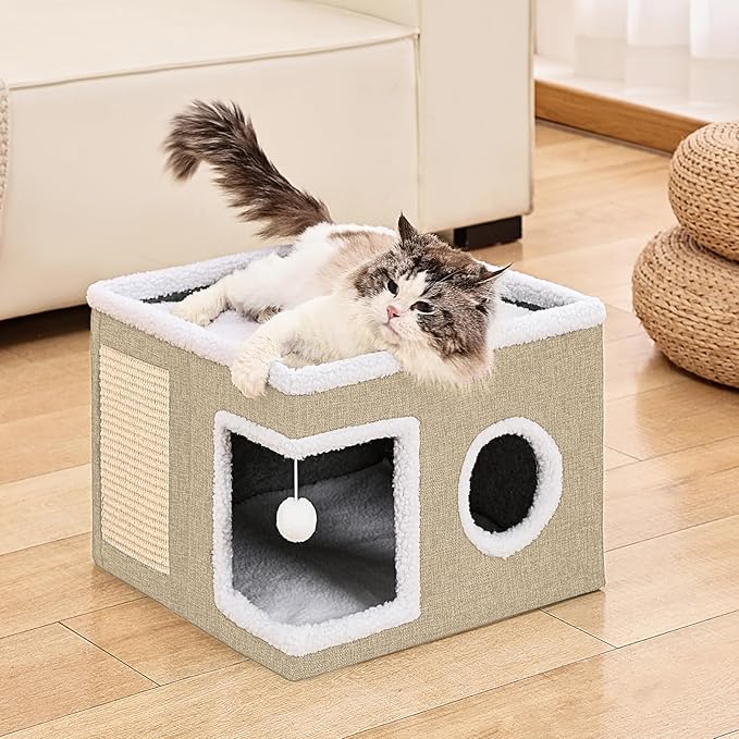 Cat Beds for Indoor Cats Houses, Large Cat Cave with Fluffy Ball and Scratch Pad, Foldable Cat House with Hideaway Tent for Kitten,Grey (SingleAK, Large)