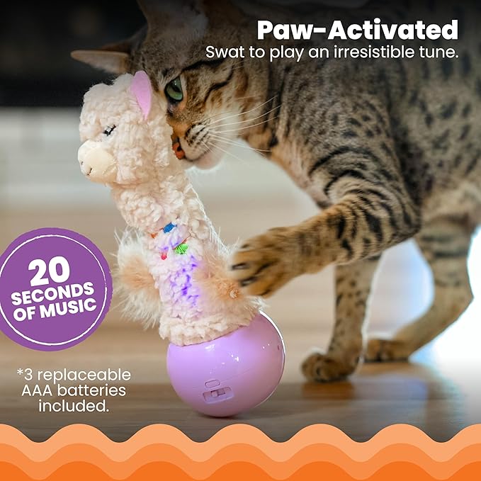 Catstages Electronic Dancing Llama Interactive Cat Toy, Wobbles and Plays Music, Battery Powered, Plush, White