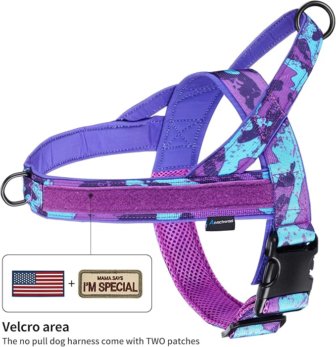 Annchwool No Pull Dog Harness with Soft Padded Handle,Escape Proof and Quick Fit to Adjust Dog Harness,Easy for Training Walking for Small & Medium and Large Dogs(Camo Purple,S)