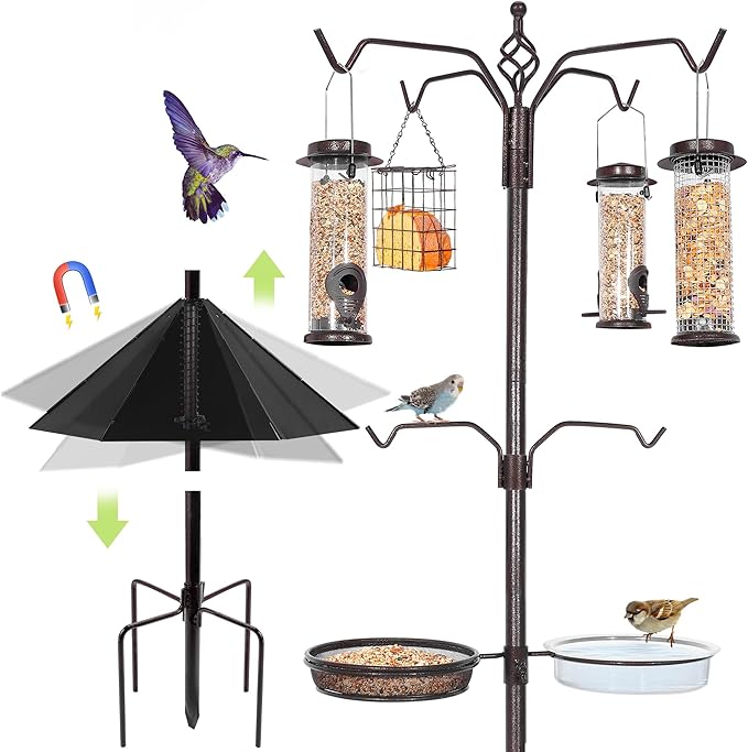 6-Hook Bird Feeding Station Kit, 94 Inch Heavy Duty Bird Feeder Stand Pole for Outdoors Hanging with 4 Feeders, Wide Metal Squirrel Baffle, Attracting Wild Birds