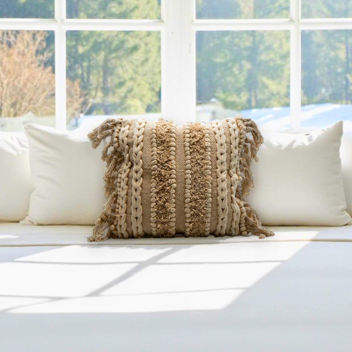 Decorative Boho-Chic Square Pillow Cover 18x18 Handwoven Tufted Braided Cotton Accent Pillows, Neutral Throw Cushion for Couch, Sofa or Bed, Farmhouse & Bohemian Home Decor, Trendy USA Design