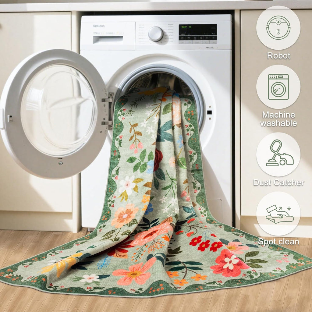 10x12 Area Rugs for Living Room: Floral Washable Rug Vintage Large Soft Boho Non-Slip Carpet Indoor Stain Resistant Low Pile Carpets for Bedroom Dining Room Farmhouse Nursery Hallway Home Office Green