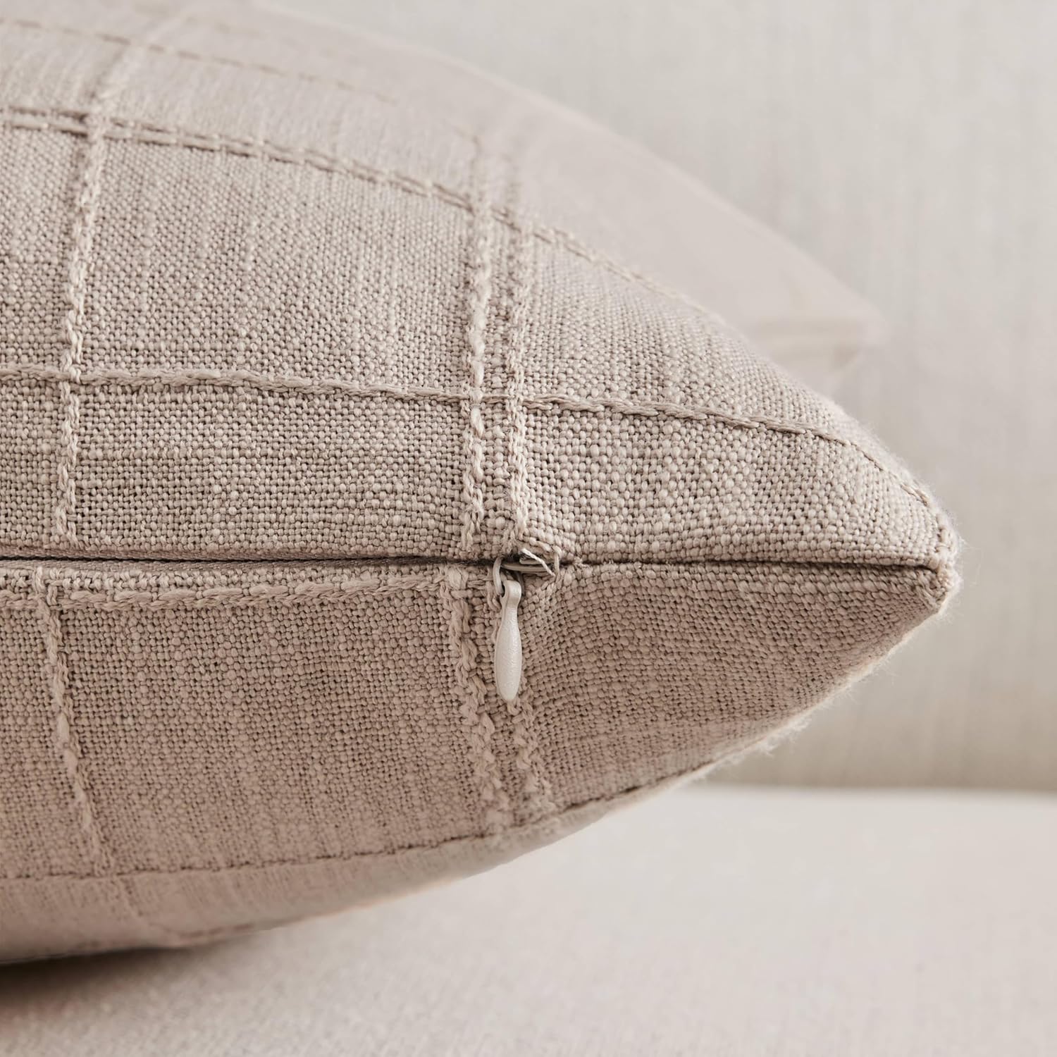 ZeeMart Linen Checked Throw Pillow Covers Set of 2, 16x16 Inch Allover Grid Taupe, Farmhouse Decorative Double Sided Grid Embroidered Couch Pillow Cases Taupe Cotton Linen Cushion Covers