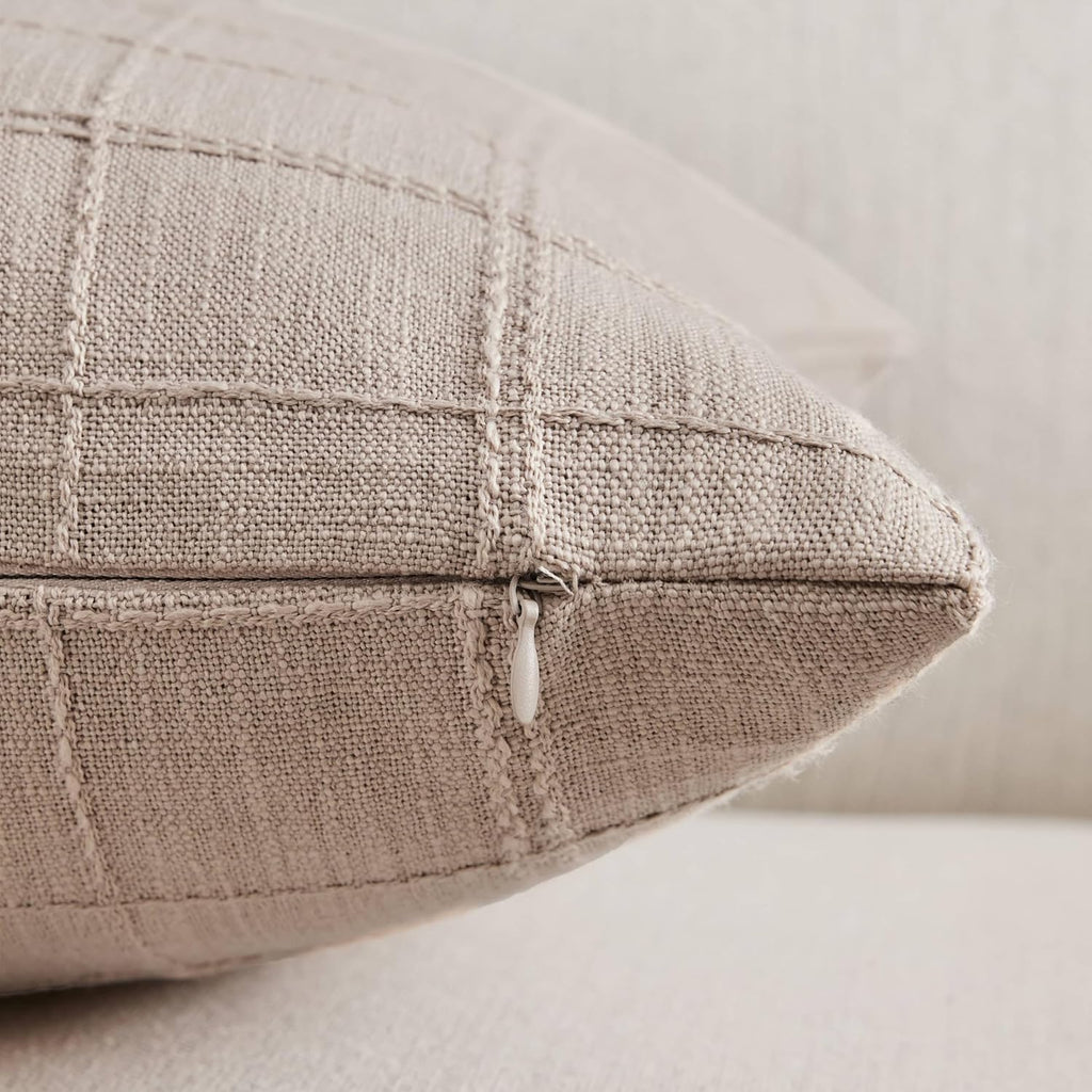 ZeeMart Linen Checked Throw Pillow Covers Set of 2, 24x24 Inch Allover Grid Taupe, Farmhouse Decorative Double Sided Grid Embroidered Couch Pillow Cases Taupe Cotton Linen Cushion Covers