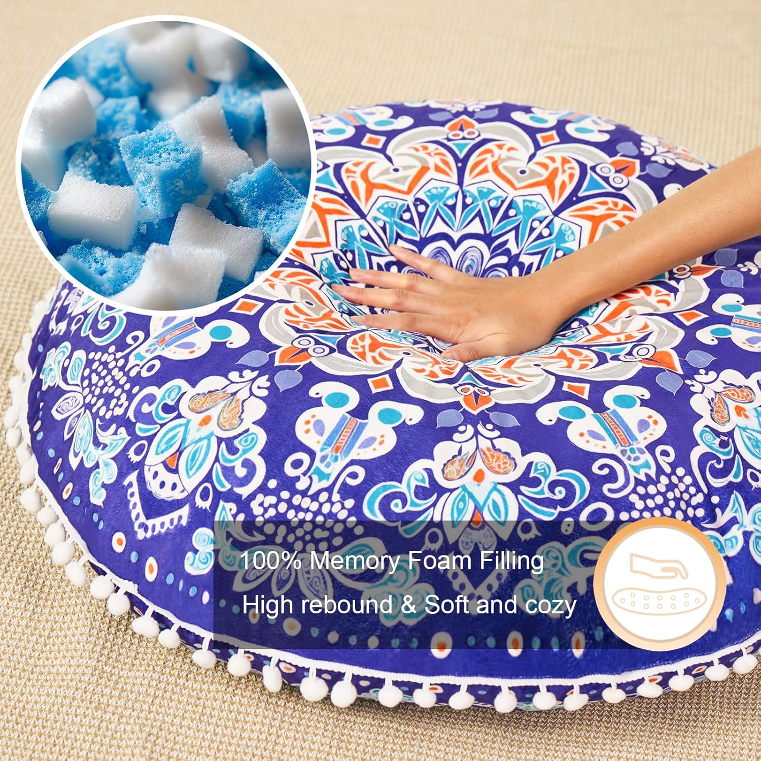 32 in Meditation Floor Cushion, Round Large Floor Pillow for Adult, Yoga Pillows for Sitting On Floor, Boho, Memory Foam Filling