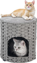 Cat House for Indoor Cat, Small Cat Houses Handwoven PE Rattan Kitten Cave, Pet Kitten Bed Covered, One Bed Pad, 13 x 13 x 13.7 Inches, Foldable Hideaway in Living Room Gray