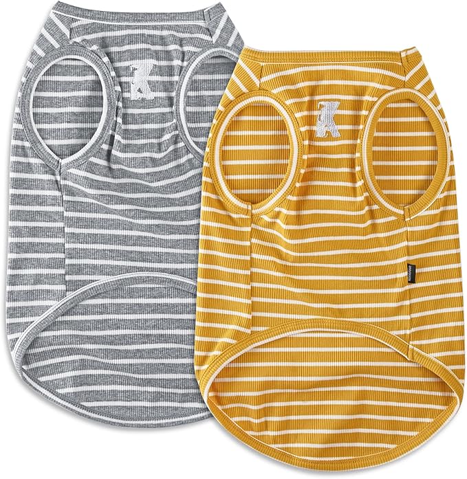 Koneseve Dog Shirt Vest Lightweight Stretchy Dog T-Shirts Soft Cool Shirts Sleeveless Stripe Vests Breathable Clothes for Puppy Kitty Cat Small Medium Large Dogs 2 Pack Yellow + Light Grey [M/Medium]