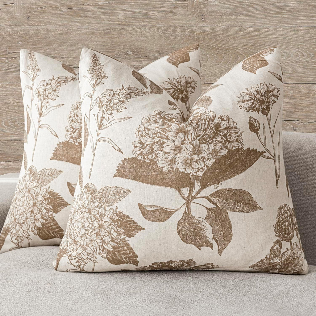 Foindtower Set of 2 Linen Floral Vintage Throw Pillow Covers Neutral Accent Decorative Cushion Covers Farmhouse Boho Home Decor for Sofa Chair Couch Bedroom Living Room,18×18 Inch,Light Brown