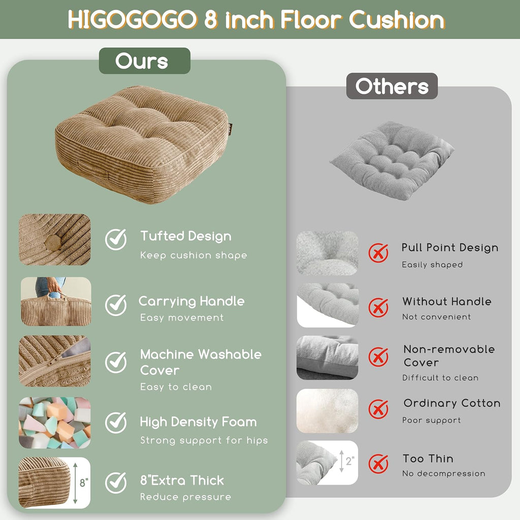8" Washable Floor Pillow Cushion for Adults, Meditation Cushion Pillow, Large Square Floor Sitting, Removable Tufted Corduroy Cover, for Tatami Living Room or Yoga, 22x22 Inch, Machine Washable