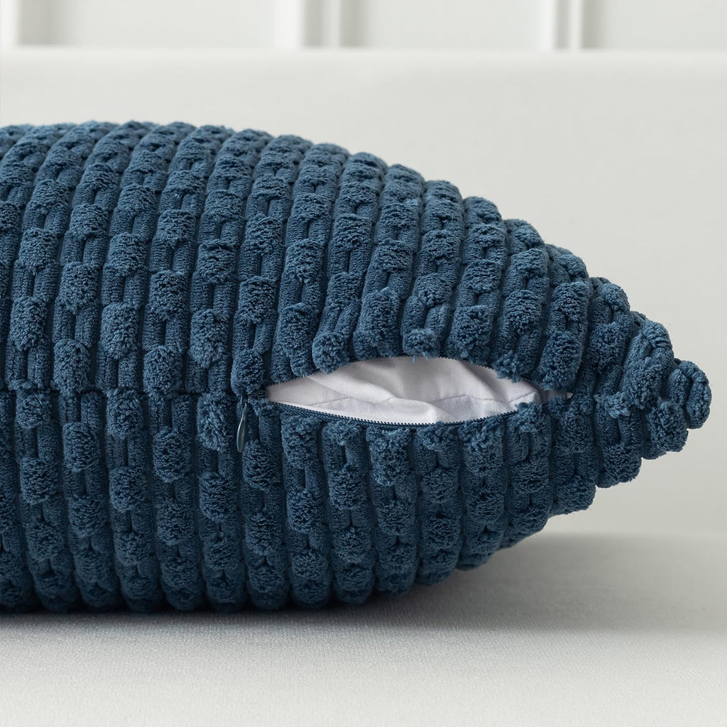 Kevin Textile 14x36 Inch Long Lumbar 1 Pack Boho Decorative Throw Pillow Cover Soft Striped Corduroy Rectangle Cushion Case Farmhouse Solid Color Accent for Living Room Couch Sofa Bed, Blue